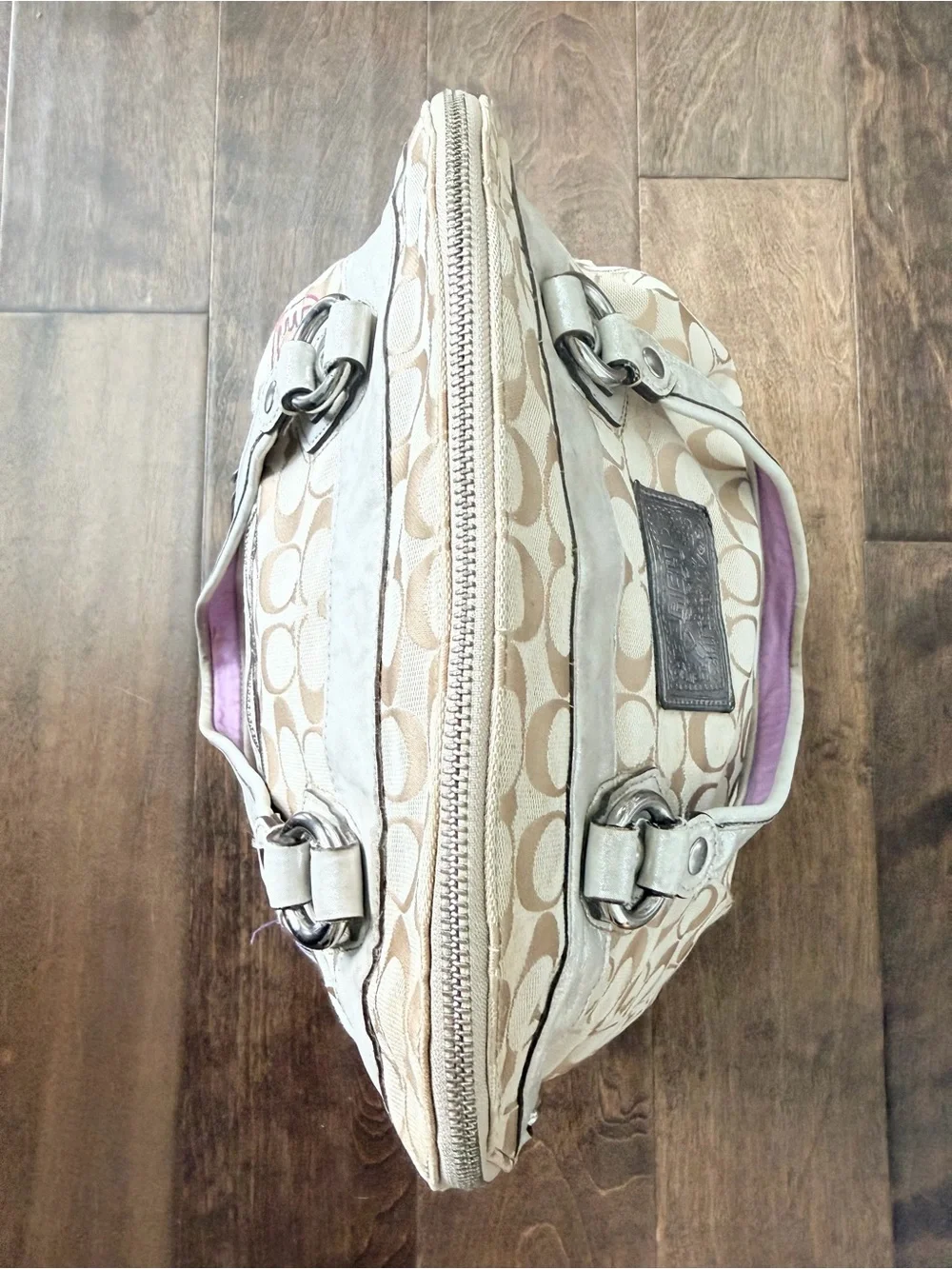 Coach Beige Signature Canvas Floral Poppy Satchel with Purple Accents